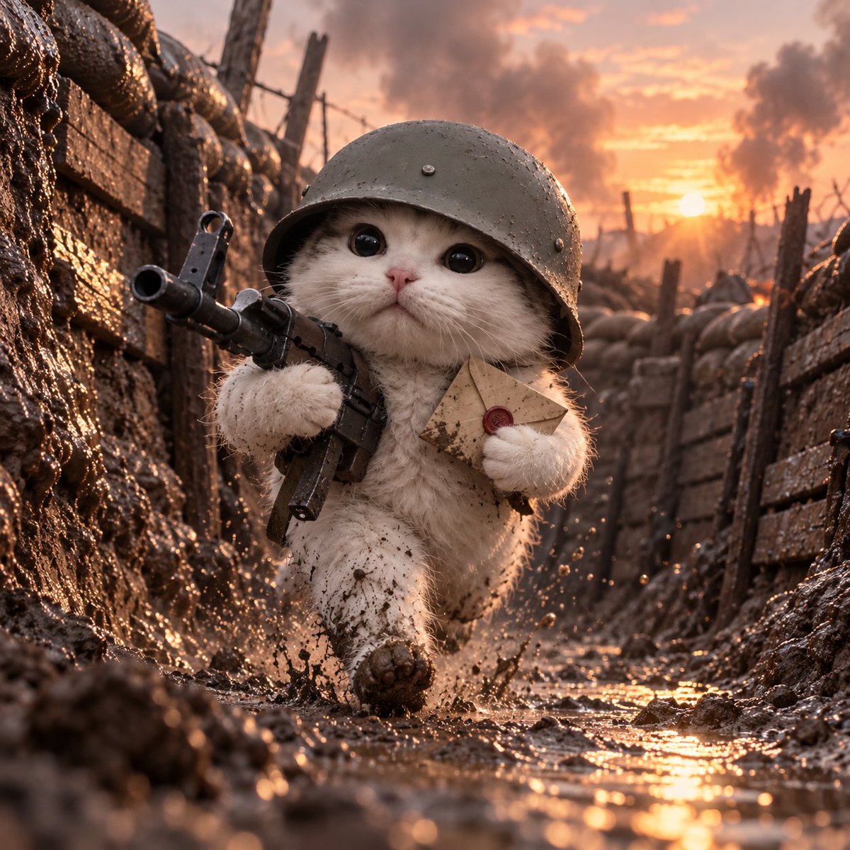 Trenchcat marching through a muddy trench with a letter